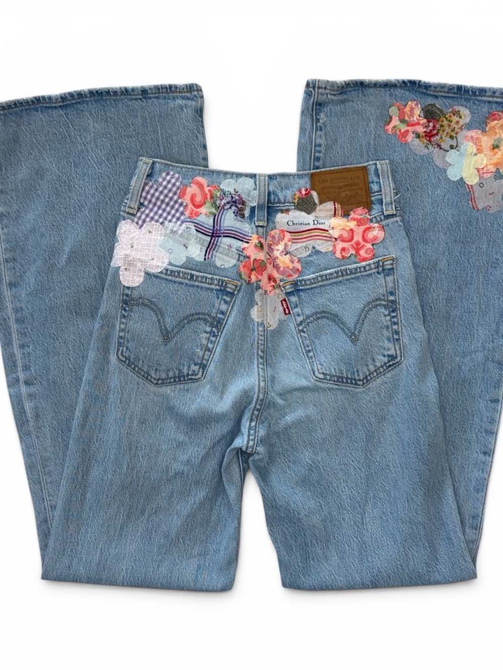 Levi's Light Blue Denim Wide Leg Jeans with Multicolor Floral Patchwork Size 24
